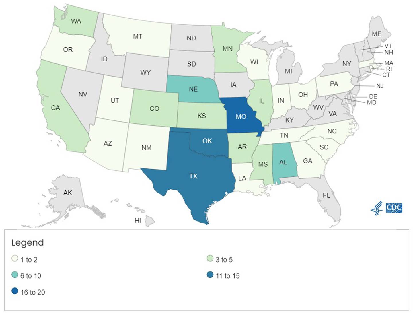 Salmonella Outbreak Map 
United States Cases as of May 24, 2024
Graphic Credit: Centers for Disease Control and Prevention May 2024