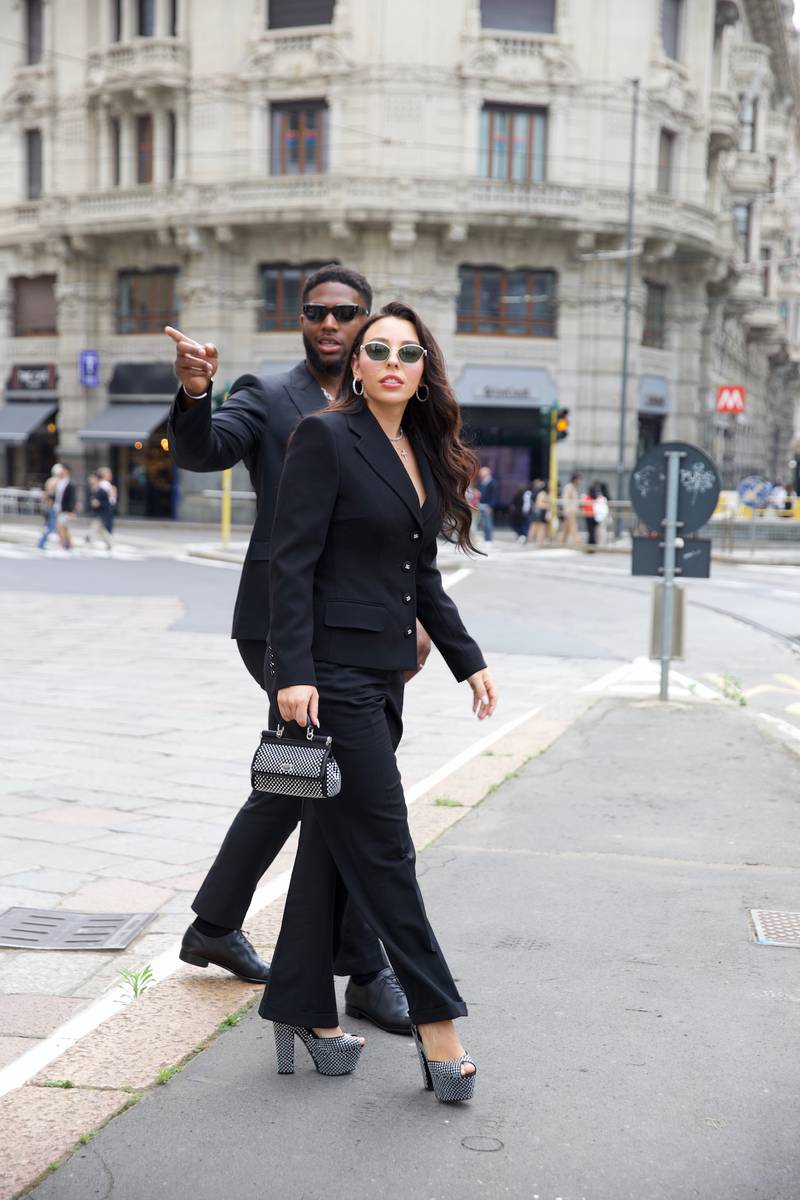 Jacksonville Jaguars’ linebacker Josh Allen and his wife, Kaitlyn, were invited to attend the Men’s Milan Fashion Week in Milan, Italy. Josh's clothing and accessories are Dolce & Gabbana, shoes are ZEGNA. Kaitlin's clothing and shoes Dolce & Gabbana, sunglasses are Loewe.