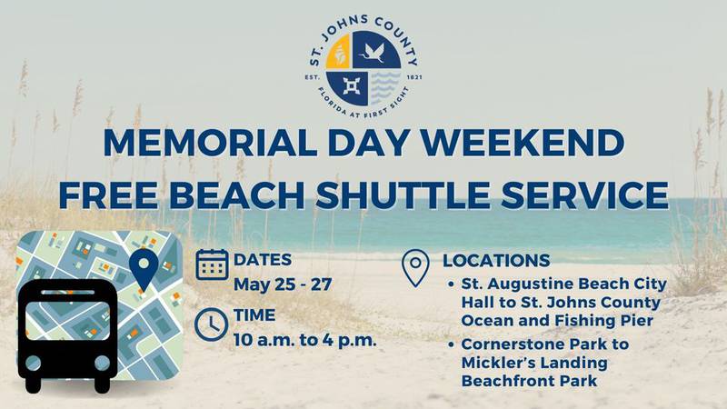 St. Johns County will offer two, free shuttles to the beaches on Memorial Day weekend.