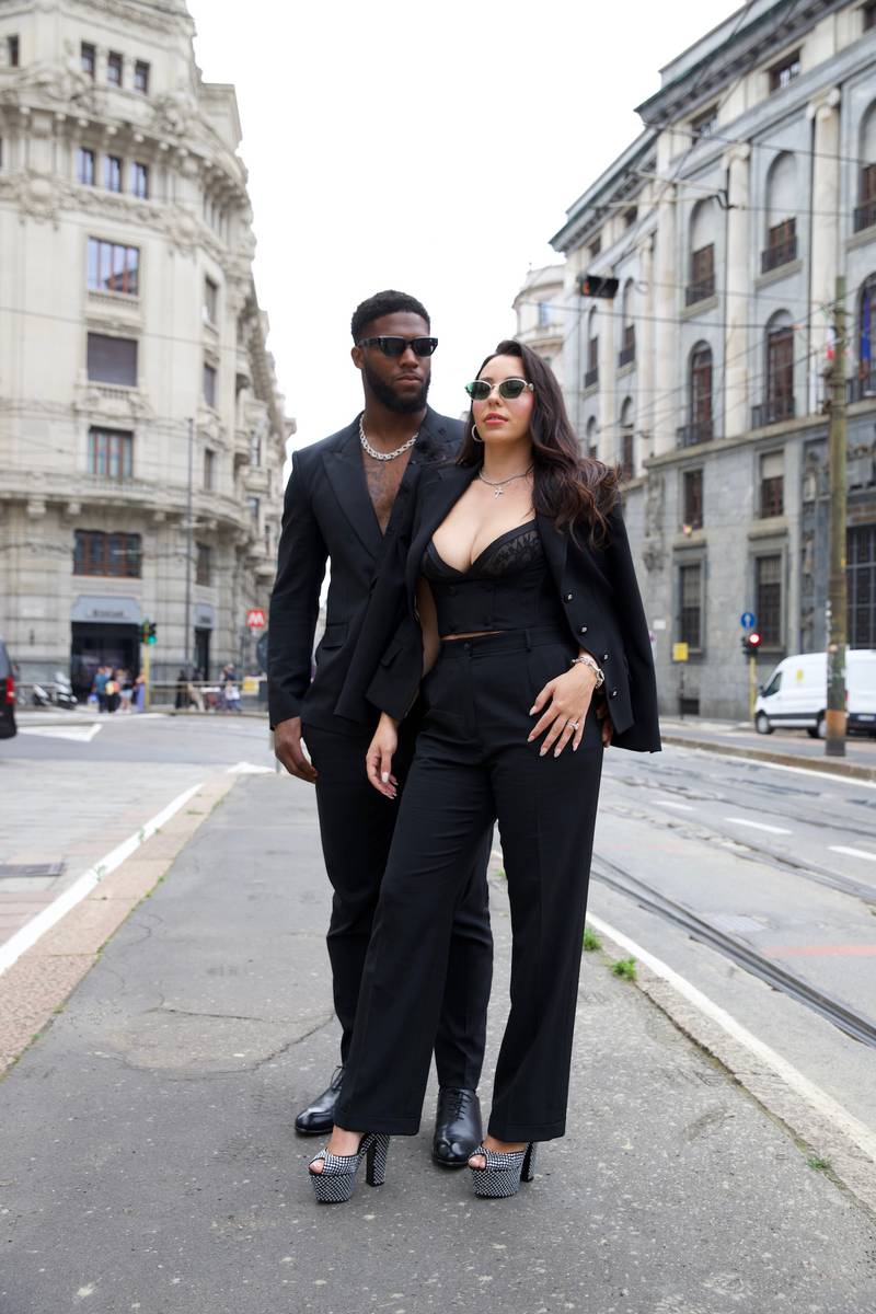 Jacksonville Jaguars’ linebacker Josh Allen and his wife, Kaitlyn, were invited to attend the Men’s Milan Fashion Week in Milan, Italy. Josh's clothing and accessories are Dolce & Gabbana, shoes are ZEGNA. Kaitlin's clothing and shoes Dolce & Gabbana, sunglasses are Loewe.