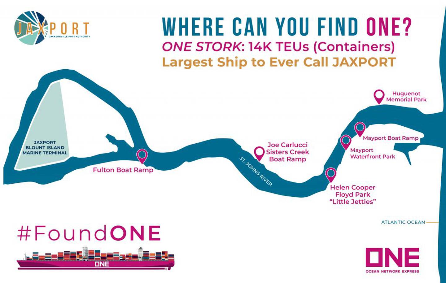 A map by JAXPORT of places to view One Stork.